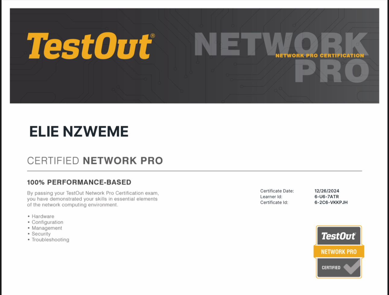 TestOut Network Pro certification